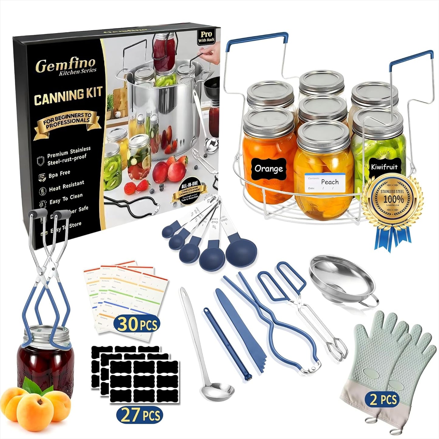 Canning Supplies Starter Kit,Canning Kit for Beginners of 12 with Rack，Silicone Oven Gloves，Jar Lifter，Funnel,Wrench,Tongs,Lid Lifter,Bubble Popper,Labels,ladle,Measuring spoon-G12-Blue