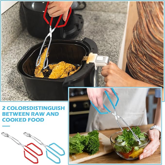 2 Pieces 10.6 Inch Stainless Steel Kitchen Scissor Tongs Heavy Duty Cooking Tongs, with Comfortable Red Blue Handle for Cooking Barbecue Food, Dishwasher Safe