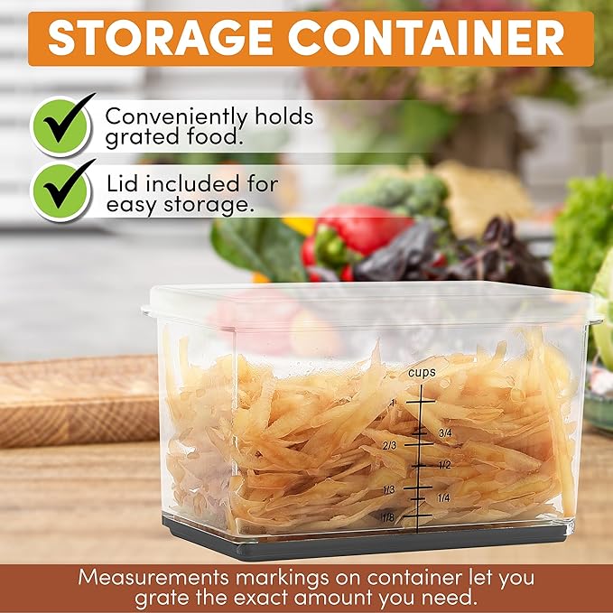 Spring Chef Professional Gray 10" Parmesan Cheese Grater With Container, Stainless Steel & Soft Grip Handle, 4 Sided Kitchen Carrot Shredder, Handheld Box Grater for Potato, Veggie, Ginger, Hashbrown