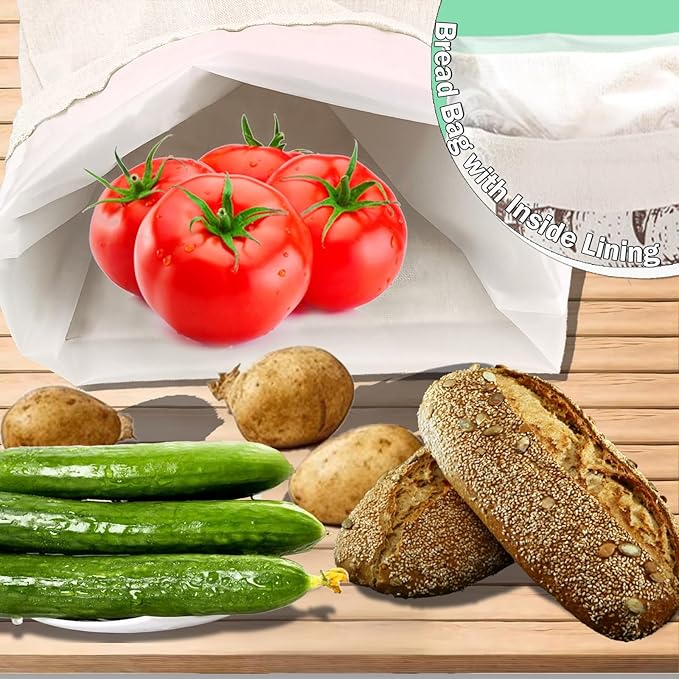 Bread Bag with Inside Lining, 2 Pack Reusable Linen Bread Storage Bags, 11.75" x 11.5" Homemade Bun Container, Double Drawstring Closure for Fruit and Baguette, Artisan Bread Storage