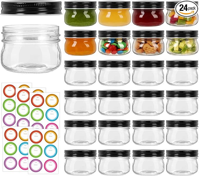 4 oz Mason Jars With Black Lid, 24 Pack Regular Mouth Canning Jars for Jam, Honey, Yogurt, Spices, Snacks, DIY Projects, Wedding Favors- Includes 30 Stickers
