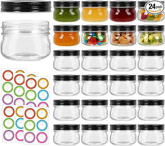 4 oz Mason Jars With Black Lid, 24 Pack Regular Mouth Canning Jars for Jam, Honey, Yogurt, Spices, Snacks, DIY Projects, Wedding Favors- Includes 30 Stickers