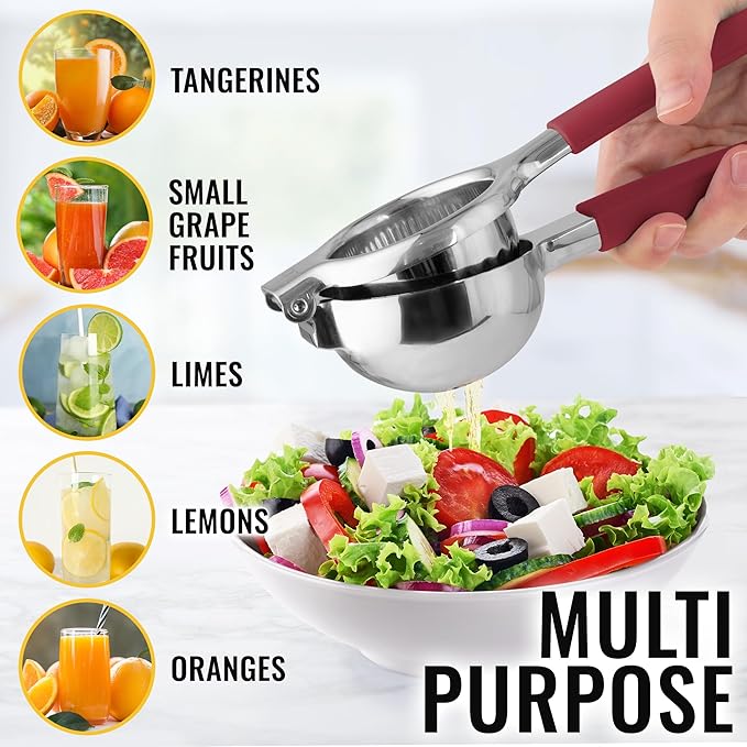 Zulay Lemon Squeezer Stainless Steel with Premium Heavy Duty Solid Metal Squeezer Bowl and Food Grade Silicone Handles - Large Manual Citrus Press Juicer and Lime Squeezer Stainless Steel (Cranberry)