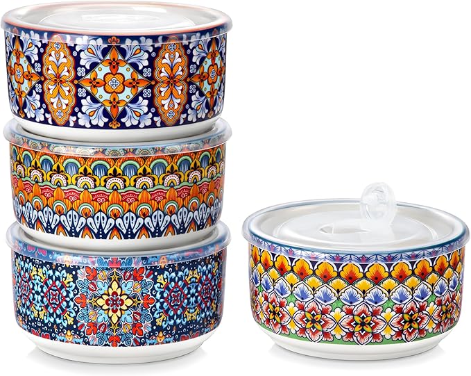 vancasso 36 oz Ceramic Bowls with Lids Set of 4, 6 Inch Food Storage Containers & Prep Bowls for Leftovers, Soup, Cereal, Meal Prep, Office Lunch, Microwave & Dishwasher Safe, Series SIMI