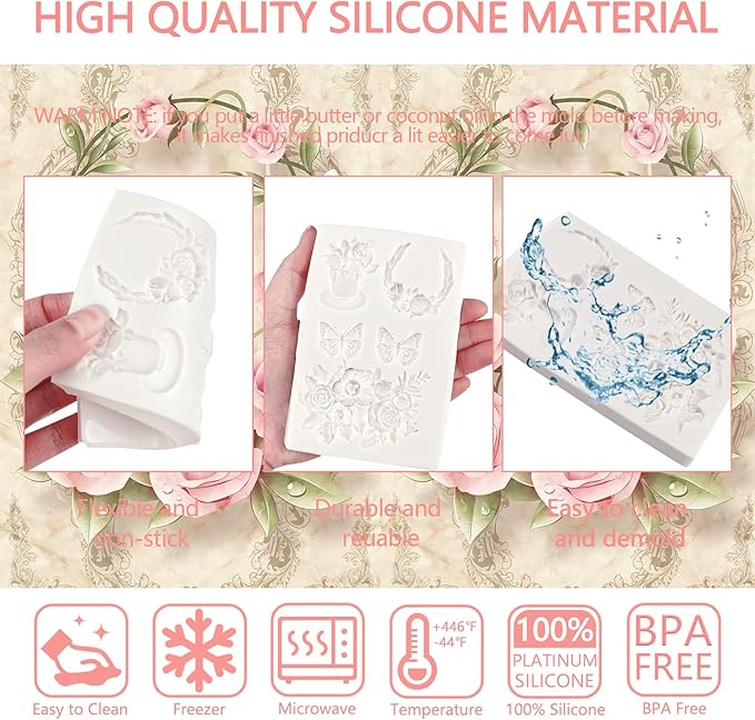 Rose Fondant Molds, Flower Pot Bouquet Butterfly Chocolate Cake Decorating Silicone Molds for Cupcake Topper, Candy, Sugar Craft, Floral Paste, Mousse, Gum Paste, Epoxy Resin, Polymer Clay, Home Decor