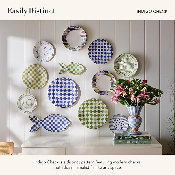 MACKENZIE-CHILDS Round Platter, Dishwasher-Safe and Microwave-Safe Stoneware Serving Platter, Indigo Check