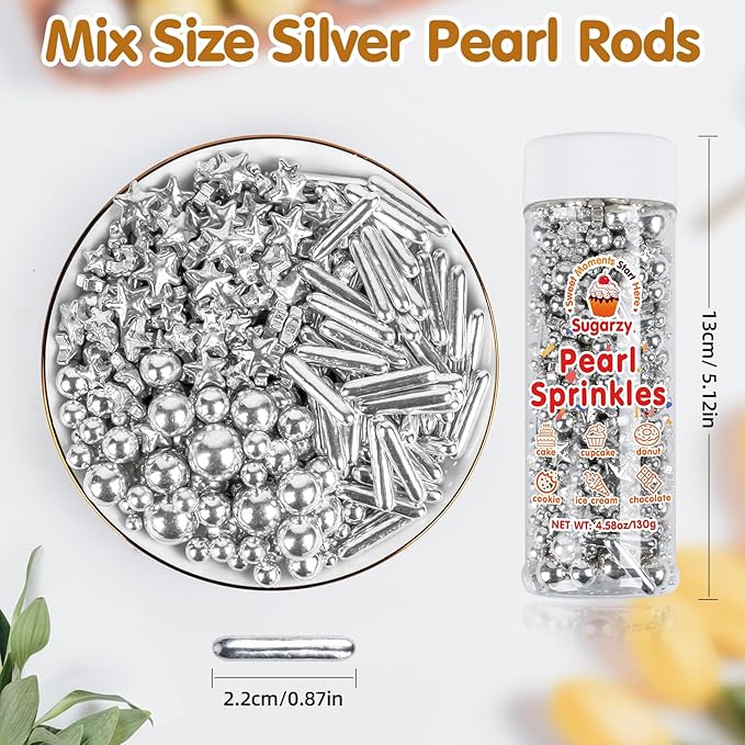 Silver Pearl Sugar Sprinkles,Edible Stars Rods Candy,Mix Size 130g/4.58oz,Baking Cake Decorations,Cupcake Toppers,Cookie Decorating Donuts Ice Cream,Birthday Wedding Party Valentines Christmas Supplies