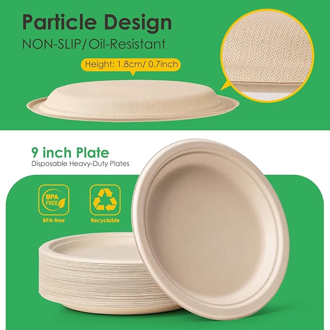 Gezond 150pcs Compostable Paper Plates 9 Inch Disposable Plates Unbleached Heavy Duty Eco-friendly Sugarcane Fiber Biodegradable Plate for Party Picnic