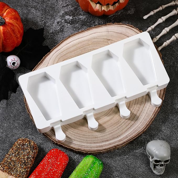 Hushee Halloween Coffin Shaped Mold Large 4 Cavity Reusable Silicone Cakesicle Cake Pop Ice Cream Mold for Halloween Adults Homemade Ice Cream Chocolate Candy DIY Trick Dessert Decorating