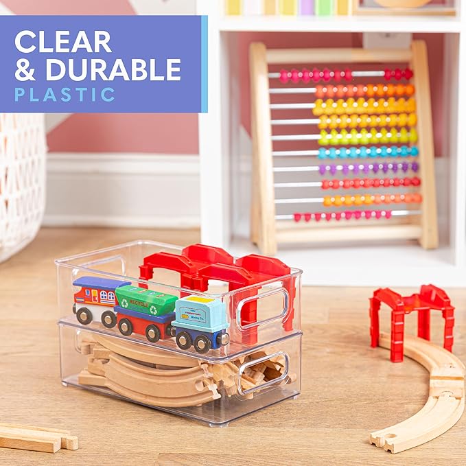 Plastic Food Storage Clear Container Bin with Handles for Organizing Kitchen, Pantry, Refrigerator, Freezer, Pantry, Cabinet, Closet, Bathroom. Stackable 10”x6”x3”