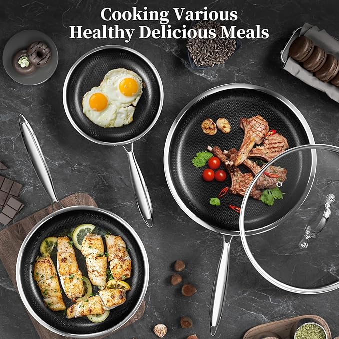 Nonstick Titanium Ceramics Stainless Steel Frying Pan Set, 6 Pieces Nonstick Honeycomb Stainless Steel Frying Pan Set, Non Stick Egg Omelet Cooking Pan Set, Induction Compatible, PFAS Free