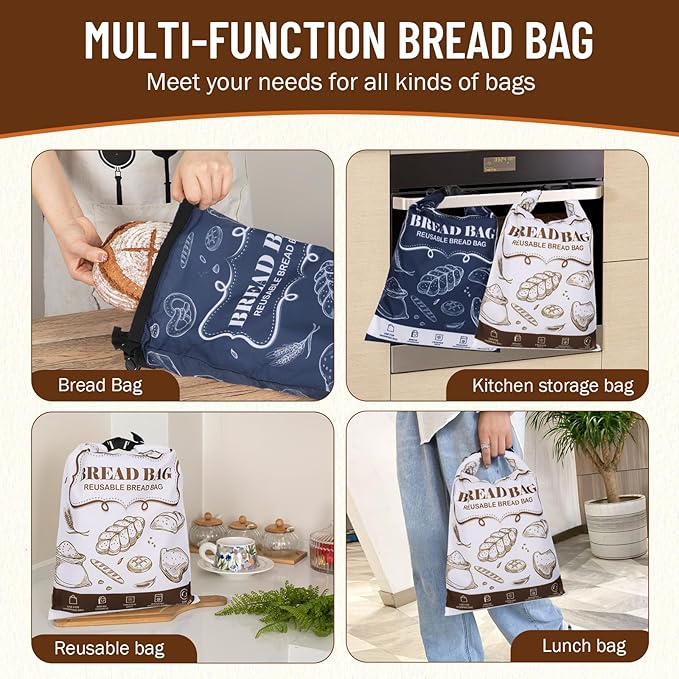 Bread Bags, 2 Packs Bread Bags to Keep Fresh, Reusable Zipper for Homemade Loaf, Freezer Storage Bag, Container, Fresh Keeping Extra Large Food Bag (White)