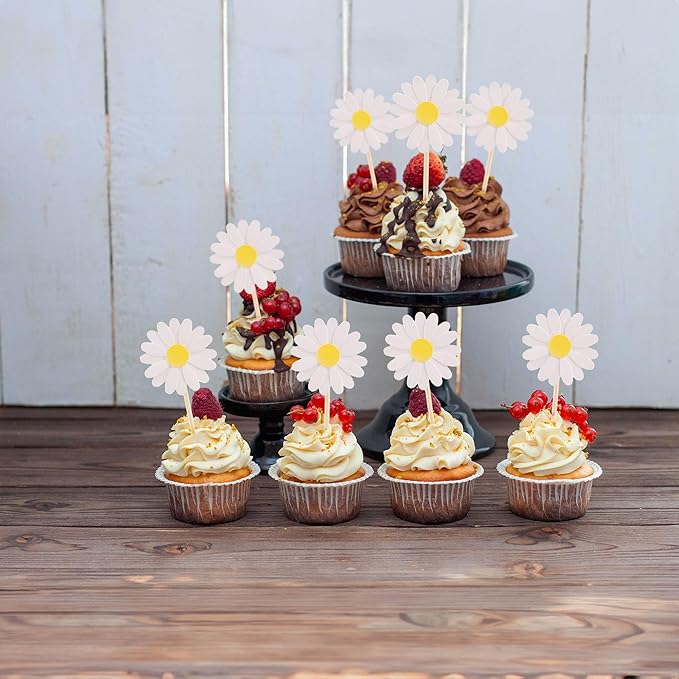 24Pcs Daisy Cupcake Toppers Flower Cake Topper Decorations Daisy Cake Decorations Chrysanthemum Cupcake Toppers Spring Daisy Flower Cake Picks for Birthday Wedding Supplies White