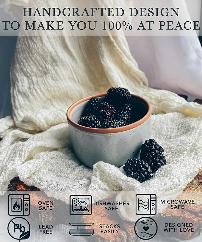 Mora Ceramic Ramekins - 8oz, Set of 6 - Small Oven Safe Baking Dishes/Cups - For Personal Pudding, Creme Brulee, Souffle, Serving Dip, Custard, Ice Cream - Single Mini Bowls - Assorted Neutrals