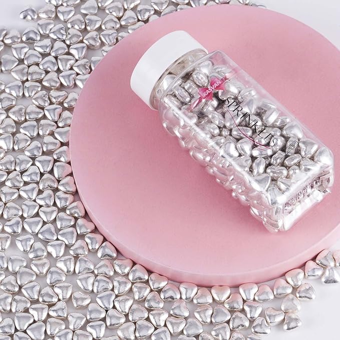 Kasvan Silver Heart Shapes Sprinkles - Edible Candy Pearls 100g/3.58 Oz, Mix Size, Baking Cake Decorations, Ice Cream Toppings and Cookie Decorating, Wedding Party Chirstmas Supplies (Silver)