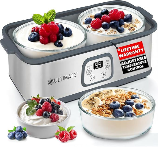 Ultimate Probiotic Yogurt Maker with Adjustable Time & Temp Control - Make Trillions of Live Probiotics with Two 1-Quart Containers for Larger Batches - Greek Yogurt Maker - ULTIMATE LIFETIME WARRANTY