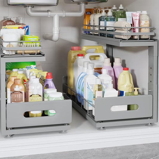2 Pack 18 IN Depth Under Sink Organizer with Smooth Ball Bearing Slides,2-Tier Pull Out Cabinet Storage,Slide Out Drawers for Bathroom&Kitchen,Rust-resistant Coating,Height Adjustable-Gun Gray