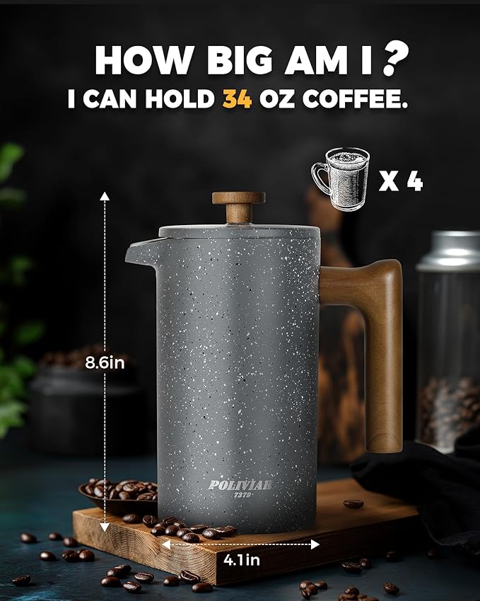POLIVIAR French Press Coffee Maker, 34 Ounce Coffee Press with Real Wood Handle, Double Wall Insulation & Dual-Filter Screen, Food Grade Stainless Steel for Good Coffee and Tea (Lava)