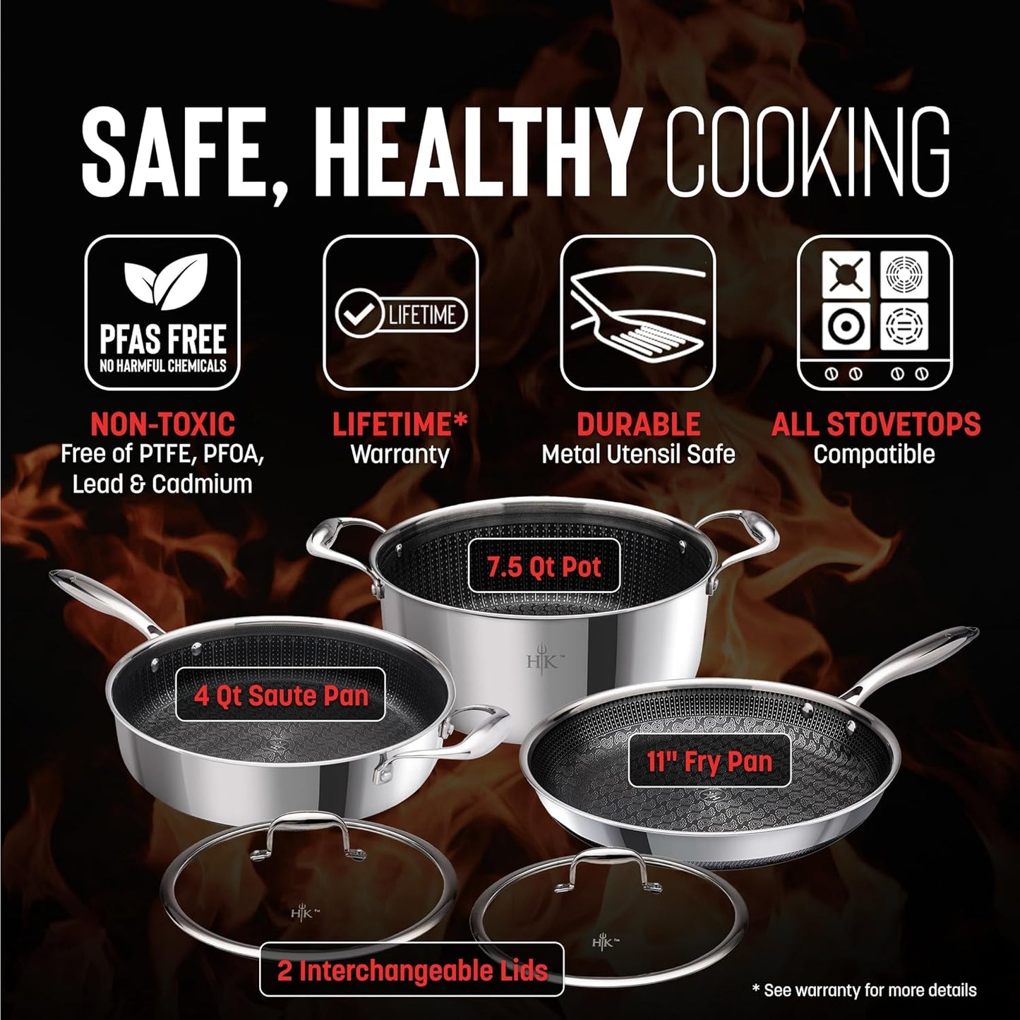 Hell's Kitchen Hybrid 5 Pc Cookware Set, Tri-Clad Stainless Steel and Nonstick Ceramic, PFAS Free, no PFOA, no PTFE, no Teflon, Non Toxic Cookware, Metal Utensil Safe, All Cooktops and Oven Safe