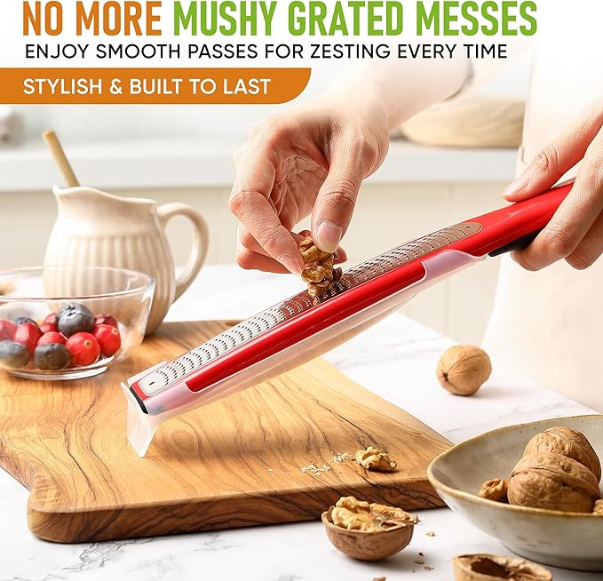 Spring Chef Premium Red Lemon Zester Grater with Handle - Fruit, Garlic, Citrus, Nutmeg, Orange Zester Tool - Heavy Duty Kitchen Shredder - Stainless Steel Ginger Grater with Blade Cover - Fine Shred