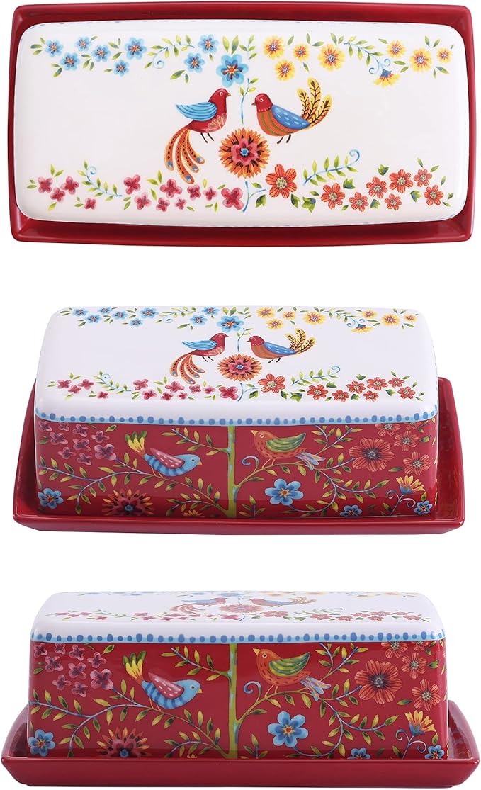 Bico Red Spring Bird Ceramic Butter Dish with Lid, Wide Butter Keeper for Counter, Kitchen Countertop, Microwave and Dishwasher Safe