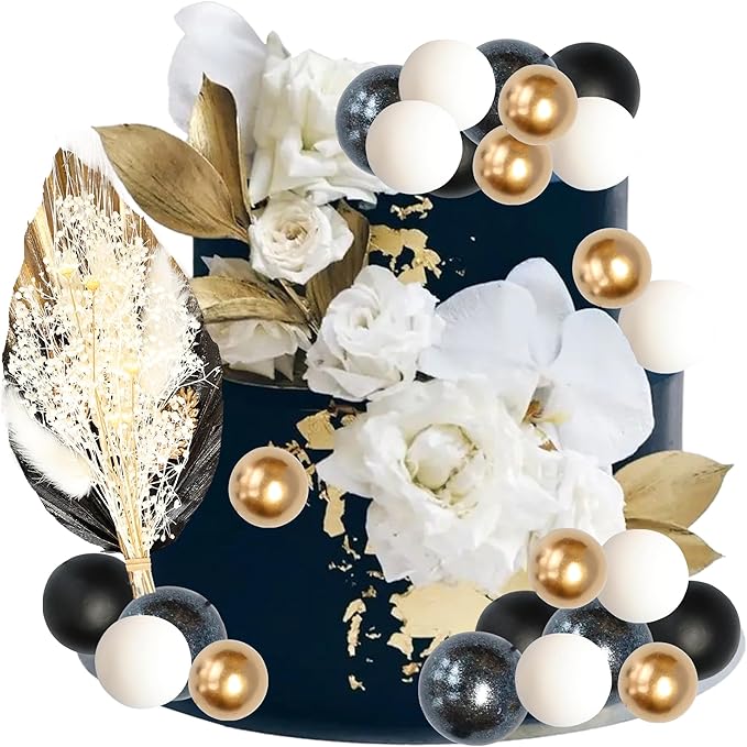 Gyufise 21 Pack Flower Boho Cake Topper Ball Cake Decorations Palm Leaves Plants Cake Decor for Girl Bohemian Princess Theme Wedding Baby Shower Birthday Party Supplies Black Gold