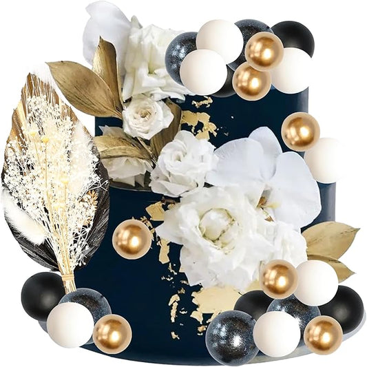 Gyufise 21 Pack Flower Boho Cake Topper Ball Cake Decorations Palm Leaves Plants Cake Decor for Girl Bohemian Princess Theme Wedding Baby Shower Birthday Party Supplies Black Gold