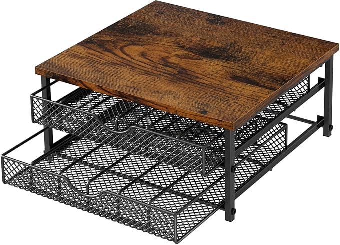 Coffee Pod Drawer K Cups Organizer 2-Tier Coffee Pod Storage Holder with Drawer Baskets 72 Capacity Coffee Capsule Storage Organizer Drawer, Industrial Brown and Black