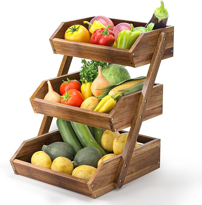 G.a HOMEFAVOR Fruit Basket: 3-Tier Acacia Wood Fruit Bowl for Kitchen, Fruit Stand Storage Holder for Vegetables and Snack Home Kitchen Countertop Organizer (Self-assembly)
