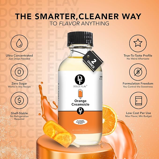 Dolce Flav Orange Creamsicle Extract - 8 Ounce Oil-Soluble Multipurpose Flavoring Ideal for Candy Making, Baking, Lip Balm, and Ice Cream - Perfect Kitchen Gift for Holidays