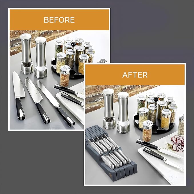 In-Drawer Knife Block - Bamboo Knife Drawer Organizer for Kitchen - Fits 5 Long + 6 Short Knives, Store Knives with Blades Pointing Down - Wooden Steak knife Holder without Knives (Grey)