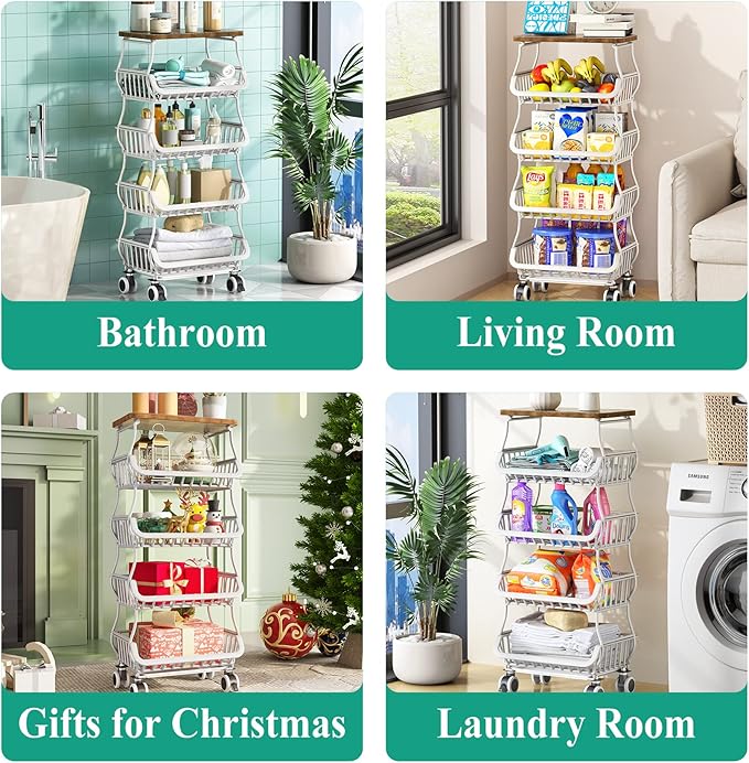 SAYZH Fruit Basket for Kitchen with Wood Top 5 Tier, Stackable Fruit and Vegetable Storage Cart, Wire Storage Basket with Wheels, Vegetable Basket Bins Rack for Onions and Potatoes, White