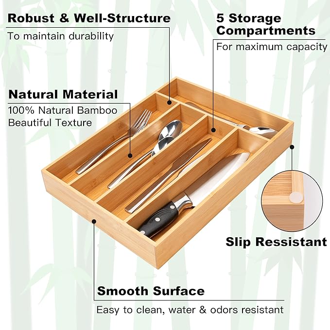 Silverware Organizer Kitchen Drawer Organizer Utensil Organizer Bamboo Silverware Holder Cutlery Organizer in Drawer Flatware Organizer Tray(5 slots, Natural