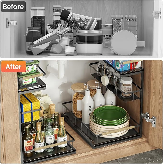 Under Sink Organizer and Storage for Bathroom and Kitchen - 2 Pack Pull Out Under Cabinet Shelf Organizers - 2 3 Tier Sliding Out Drawer Organization for Home Cabinets Shelves and Drawers