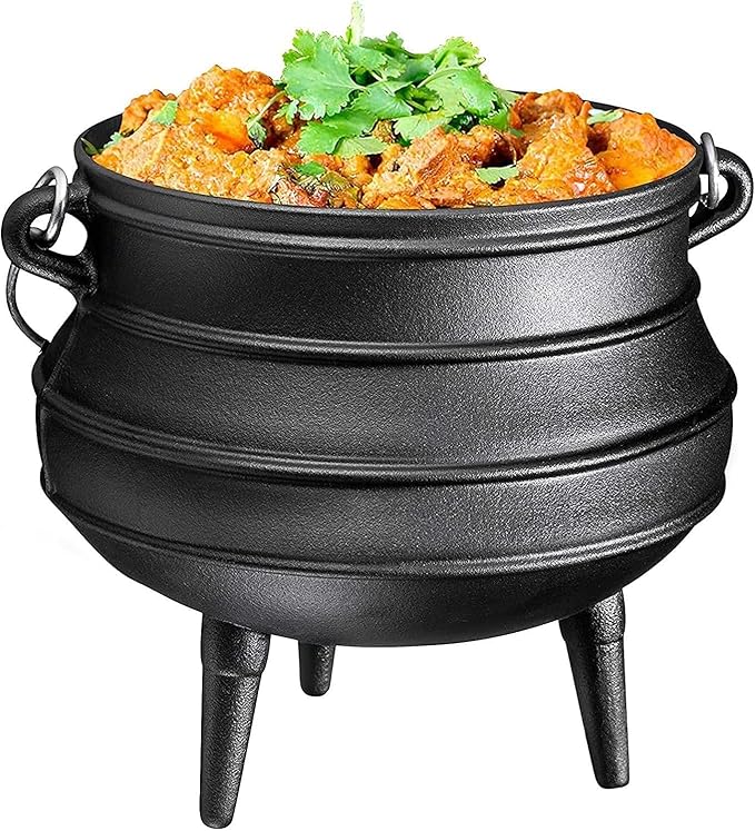 Bruntmor 12 Quart Cast Iron Dutch Oven Cauldron Pot - Camping Cookware with Lid - Pre-Seasoned Heavy-Duty Potjie for Stews, Soups, Braising, and Frying Over Fire Pit Grill or Camp Stove - Black