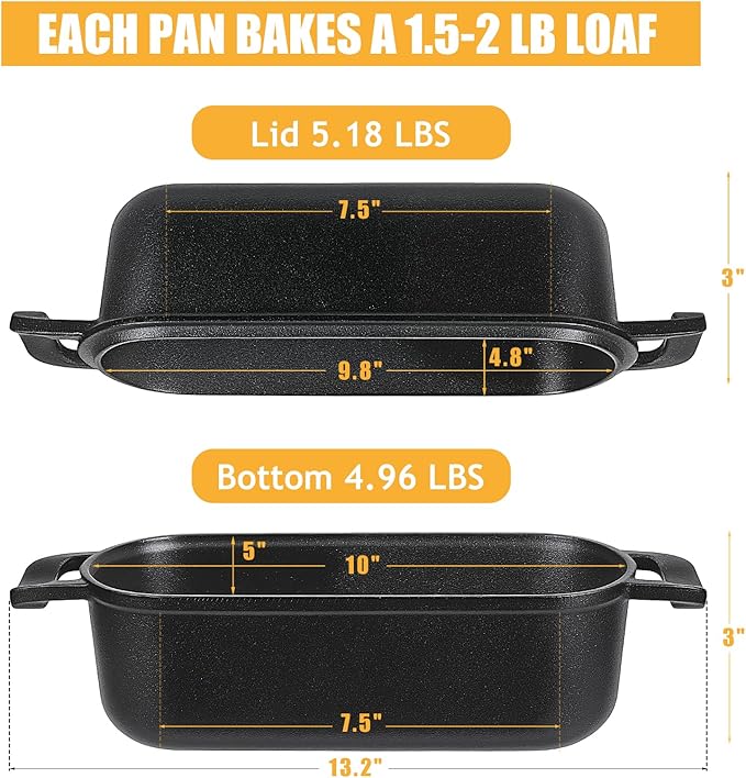 10x5 Cast Iron Loaf Pan with Lid - 2 in 1 Bread Pans for Baking Homemade Sourdough Bread