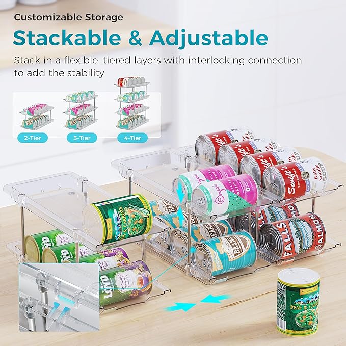 Can Organizer for Pantry, 4 Tiers Can Storage Rack, up to 48 Cans Food Holders for Fridge, Cabinet and Pantry Organization