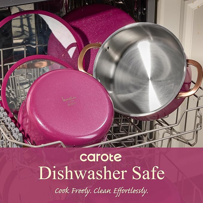 CAROTE 19pcs Tri-Ply Stainless Steel Cookware Set with Detachable Handle, Pots and Pans Set, Induction Kitchen Cooking Sets, RV/Camping Cookware, Outer Ceramic Layer, Oven Safe, Violet Purple