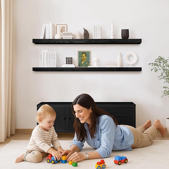 Rustic Floating Shelves 72 inch Long 8 "deep Set of 2, Heavy Duty Wood Wall Mounted Shelves for Bathroom Living Room Kitchen,Book Shelves with Thickened Hidden Bracket- Black