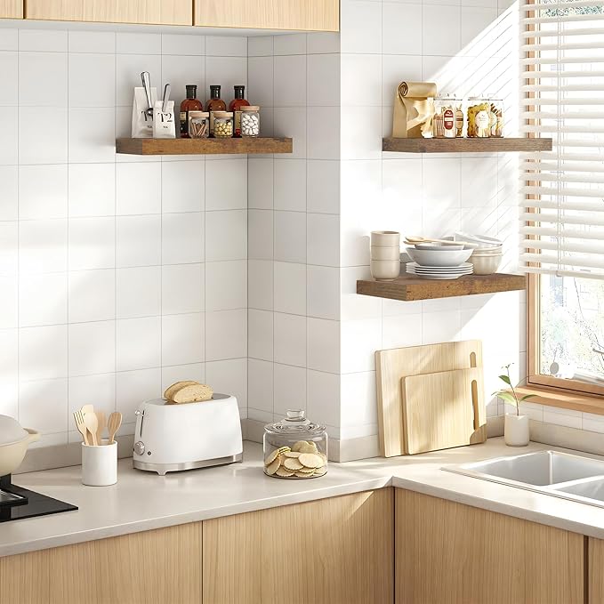 Colima Floating Shelves for Bedroom, Bathroom, Living Room, Kitchen, Office - 15 Inch Wall Mounted, Set of 3 - 1.3" Thick Brown Wood Floating Book Shelves