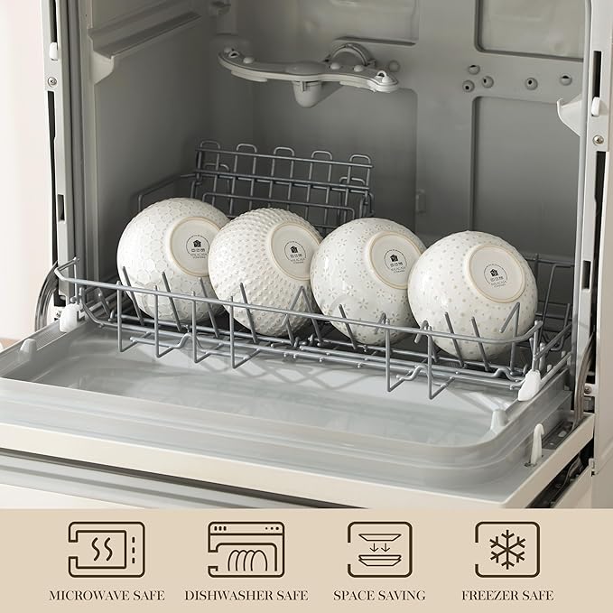 MALACASA Small Bowls, 14 Ounce Ice Cream Bowl, Stoneware Dessert Bowls Set of 4 with Embossment for Snack, Chip, Fruits, Side Dishes - 4.5 Inch, Arctic White Series LYDIA