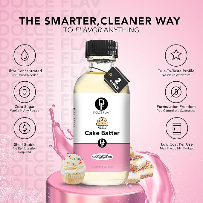 Dolce Flav Natural Cake Batter Extract – 2 Ounce Water-Soluble Kosher, Sugar-Free, Concentrated Birthday Cake Flavor for Frosting, Cupcakes & Ice Cream, Includes Measured Dropper