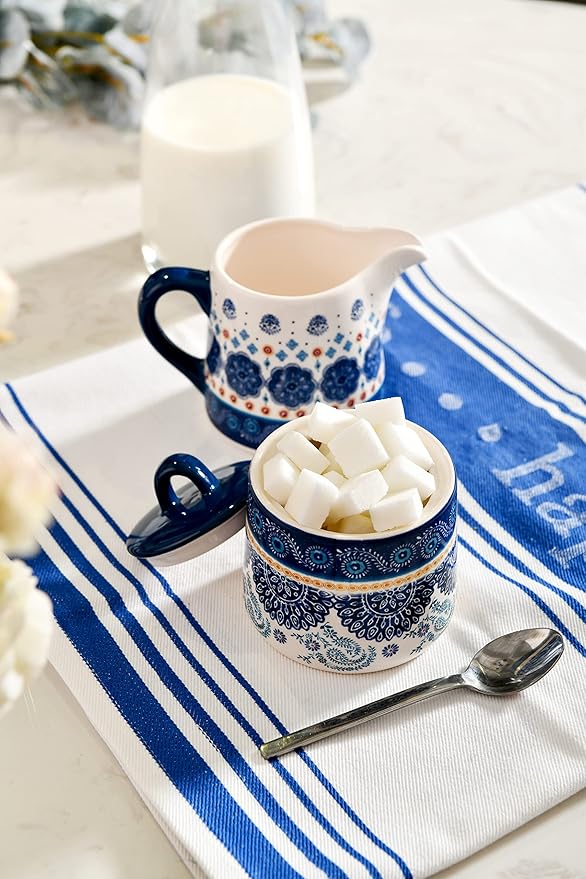 Bico Blue Talavera Ceramic Sugar and Creamer Set, Sugar Bowl with Lid, Cute Container for Coffee Bar, Kitchen Countertop Accessories, Microwave and Dishwasher Safe