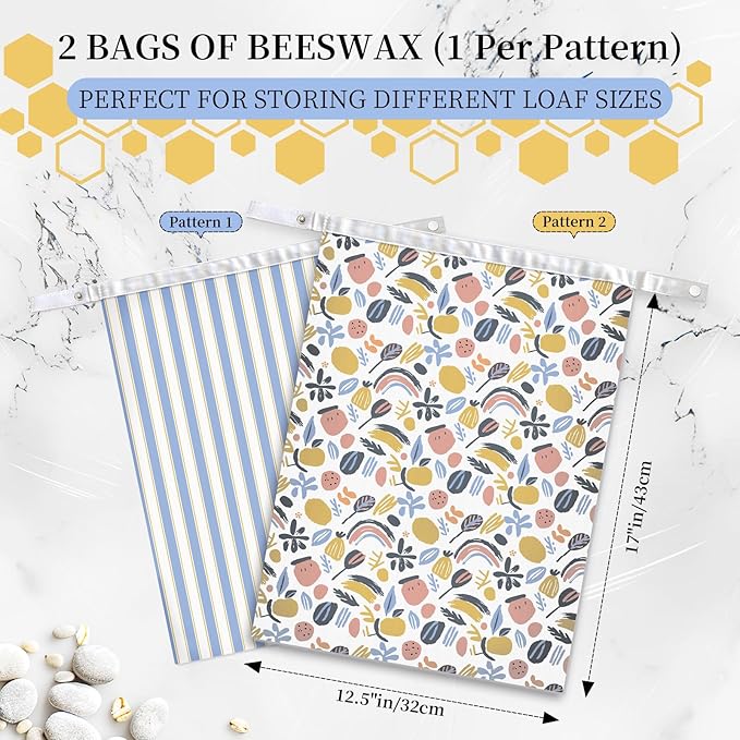 2 Pack Reusable Beeswax Bread Bags for Sourdough & Homemade Bread，bees wax bread bags for homemade bread sourdough ，Cotton Reusable Beeswax Bread Storage Bag, Keep Fresh and Portable