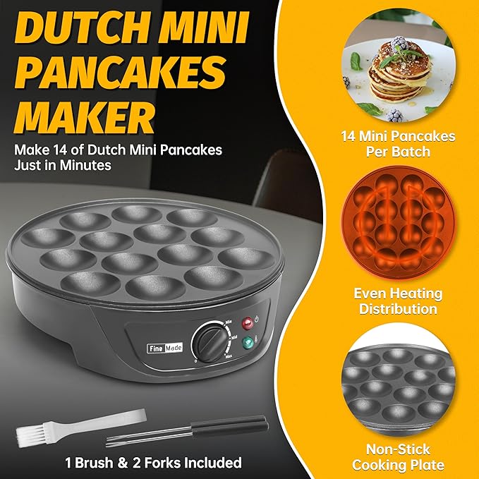 Non Stick Pancakes Maker Machine, Electric Poffertjes Pan with Browning Control, Mini Ebelskiver Aebleskiver Pan, Dutch Pancake Maker, with Brush & Forks, 14 Slots, Black