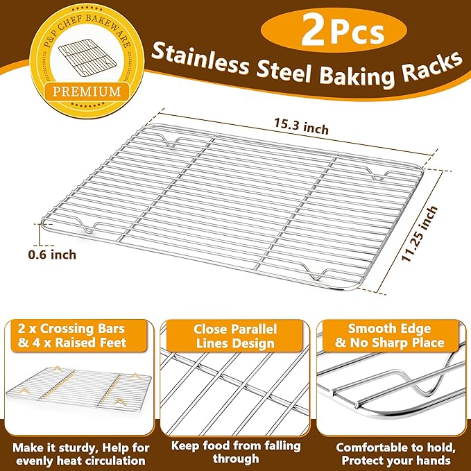 P&P CHEF 16 Inch Stainless Steel Baking Sheet with Rack Set (2 Pans+ 2 Racks), Cookie Sheets Baking Trays and Cooling Wire Racks, Oven & Dishwasher Safe, Pans with Flat Racks