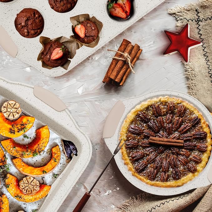 10-Piece Baking Pans Set Nonstick, Stackable Bakeware, Toxin-Free Baking Pans Set with Silicone Handles, Includes Cookie Sheets, Cake Pan, Loaf Pan, Pizza Pan, Muffin Pan, White&Khaki