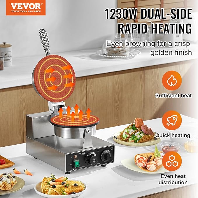 VEVOR Electric Ice Cream Cone Maker, Commercial 1230W Waffle Cone Machine, Non-Stick Stainless Steel Egg Roll Mold, with Temperature and Time Control, Handle, for Restaurant Bakery Snack Bar Family