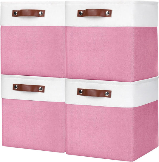 Collapsible Fabric Storage Cubes 11x11 Cube Storage Bins, 4 Pack Closet Baskets Box with Handles for Organizing, Shelf, Toys, Clothes, Home, Office, Nursery (Pink&White)