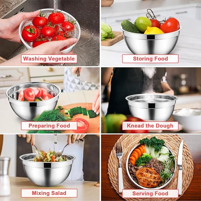E-far Mixing Bowls Set of 7, Stainless Steel Mixing Bowls with Airtight Clear Lids, Metal Nesting Bowls for Kitchen Prep, Baking, Serving, Dishwasher Safe, Size 4.6, 3.5, 3, 2, 1.5, 1, 0.7QT, Colorful